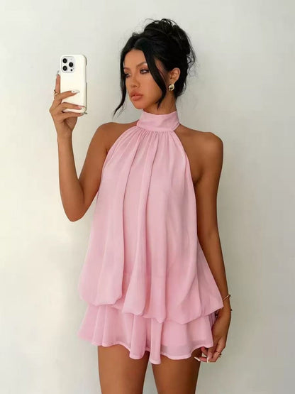 Neck Strap Backless Ruffle Mini&Short Dresses