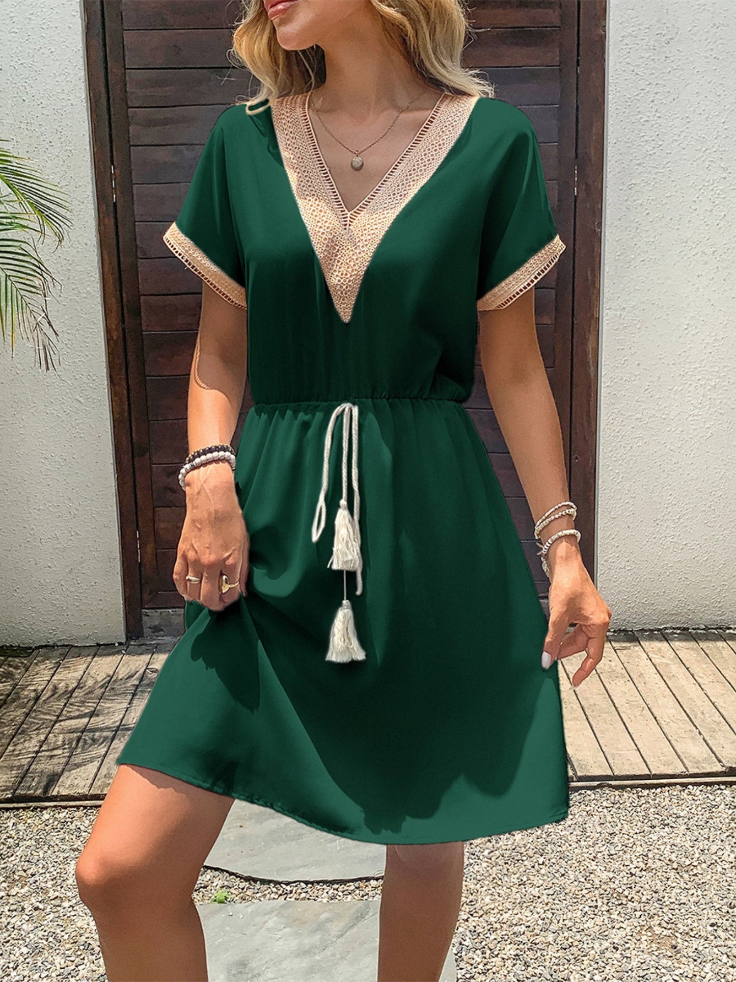 Spliced Waist Corset V-neck Short Sleeve Mini&Short Dresses