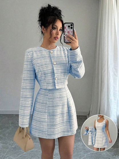 Single-breasted Short Jacket Fitted Dress 2-piece Sets