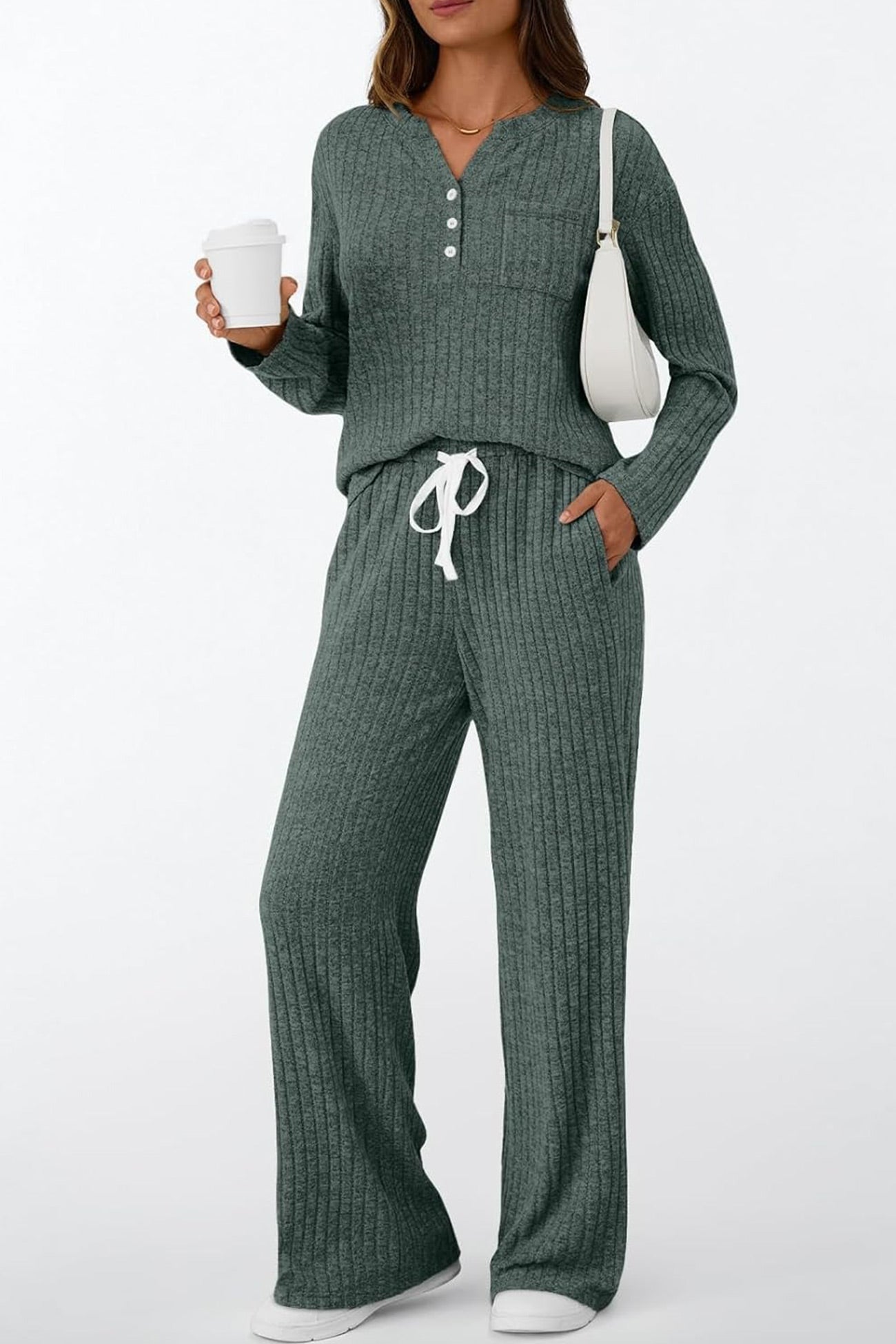 Ribbed Pitted Brushed Two Piece Pants Set