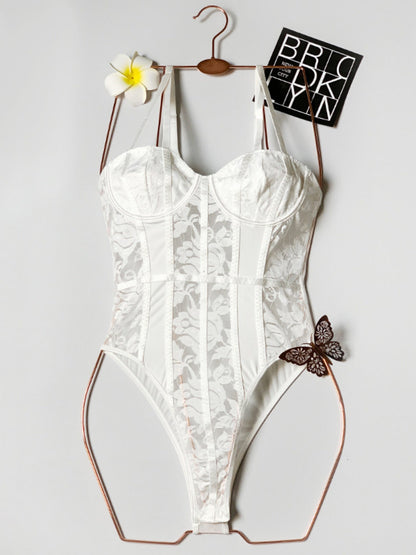 Lace Patchwork See-through Fishbone Backless Halter Top Bodysuits