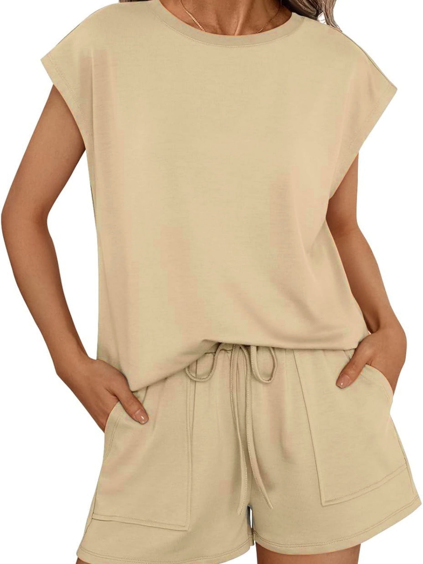 Round Neck Loose Short Sleeve Strappy Pocket Shorts Sports And Leisure 2-piece Sets