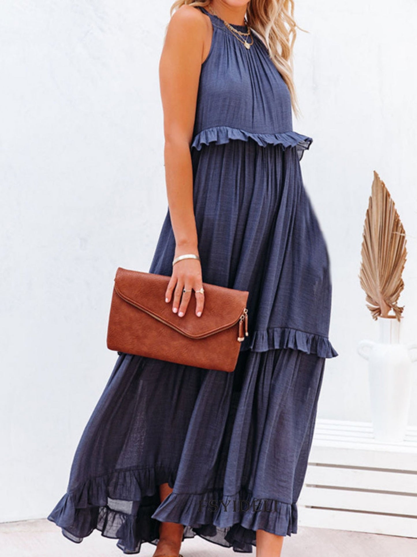 Ruffle Pleated Large Skirt Sleeveless Maxi Dresses