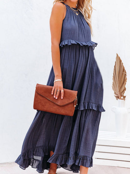 Ruffle Pleated Large Skirt Sleeveless Maxi Dresses