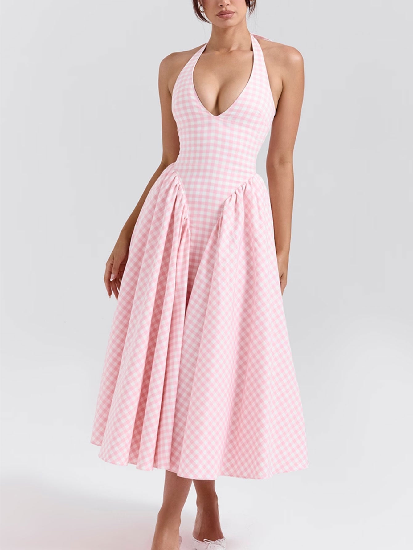 Gingham Plunge Halter Neck Fit and Flare Midi Dress