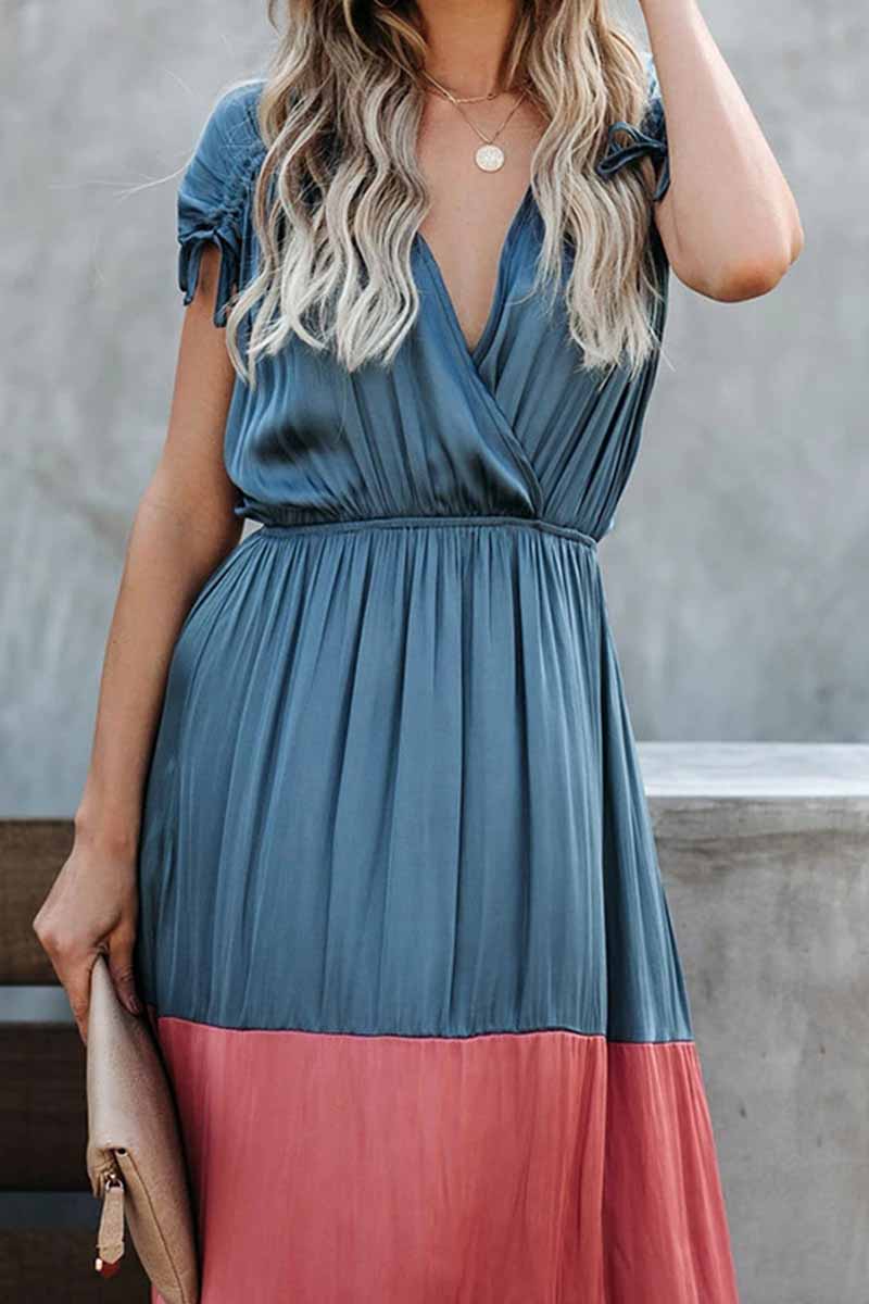 Wrap-Front V-Neck Tie Shoulder Tiered Colorblock Satin Maxi Dress