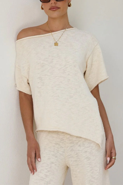 Stylish Asymmetrical Shoulder Short Sleeves Knit Top