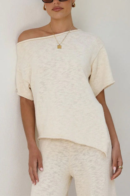 Stylish Asymmetrical Shoulder Short Sleeves Knit Top