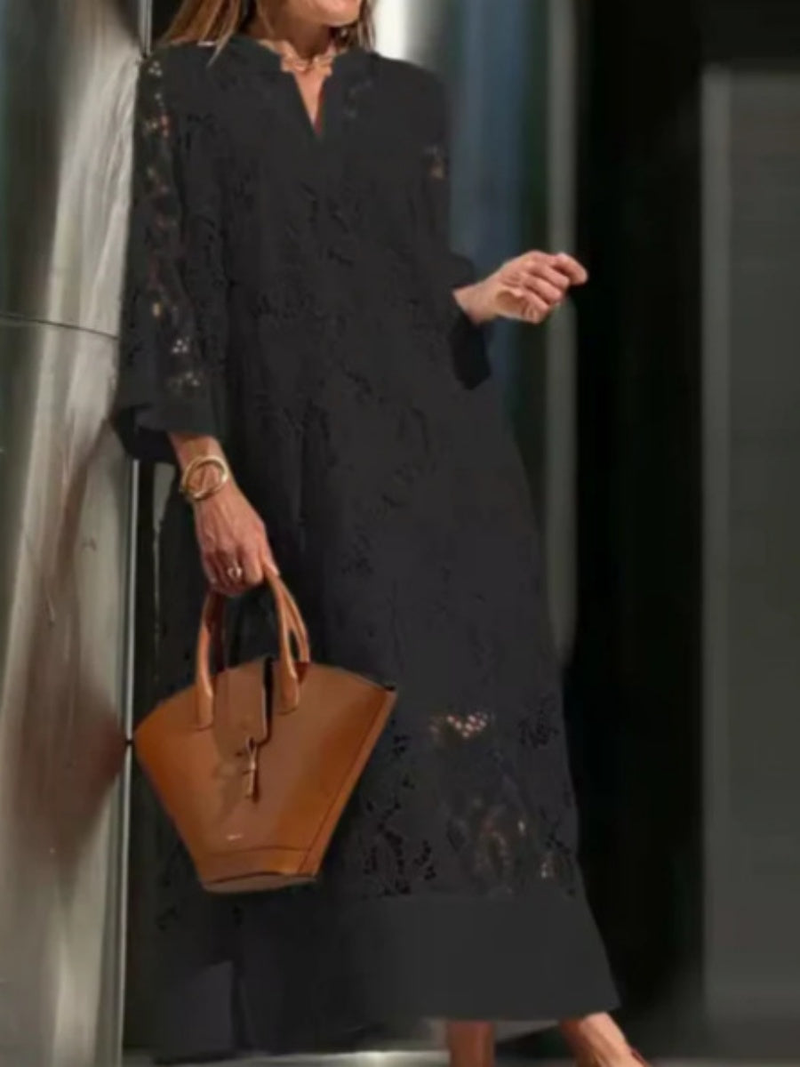 Applique 3D V-neck Straight-fit Long Sleeve Grace Maxi Dresses