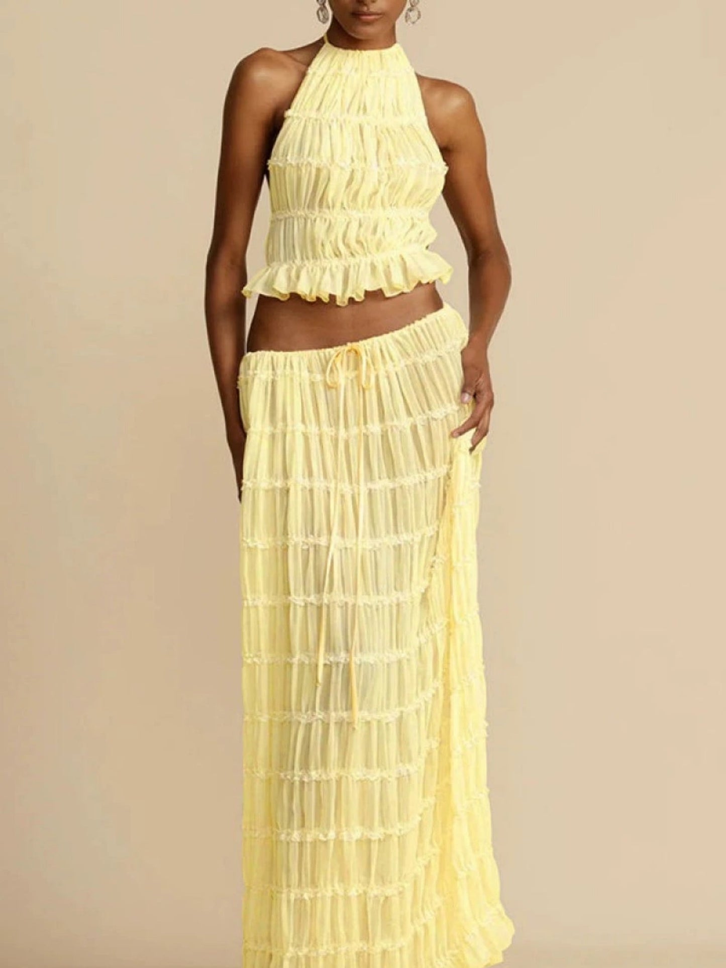 Pleated Sleeveless Backless Halter Neck Full Skirt 2-piece Sets