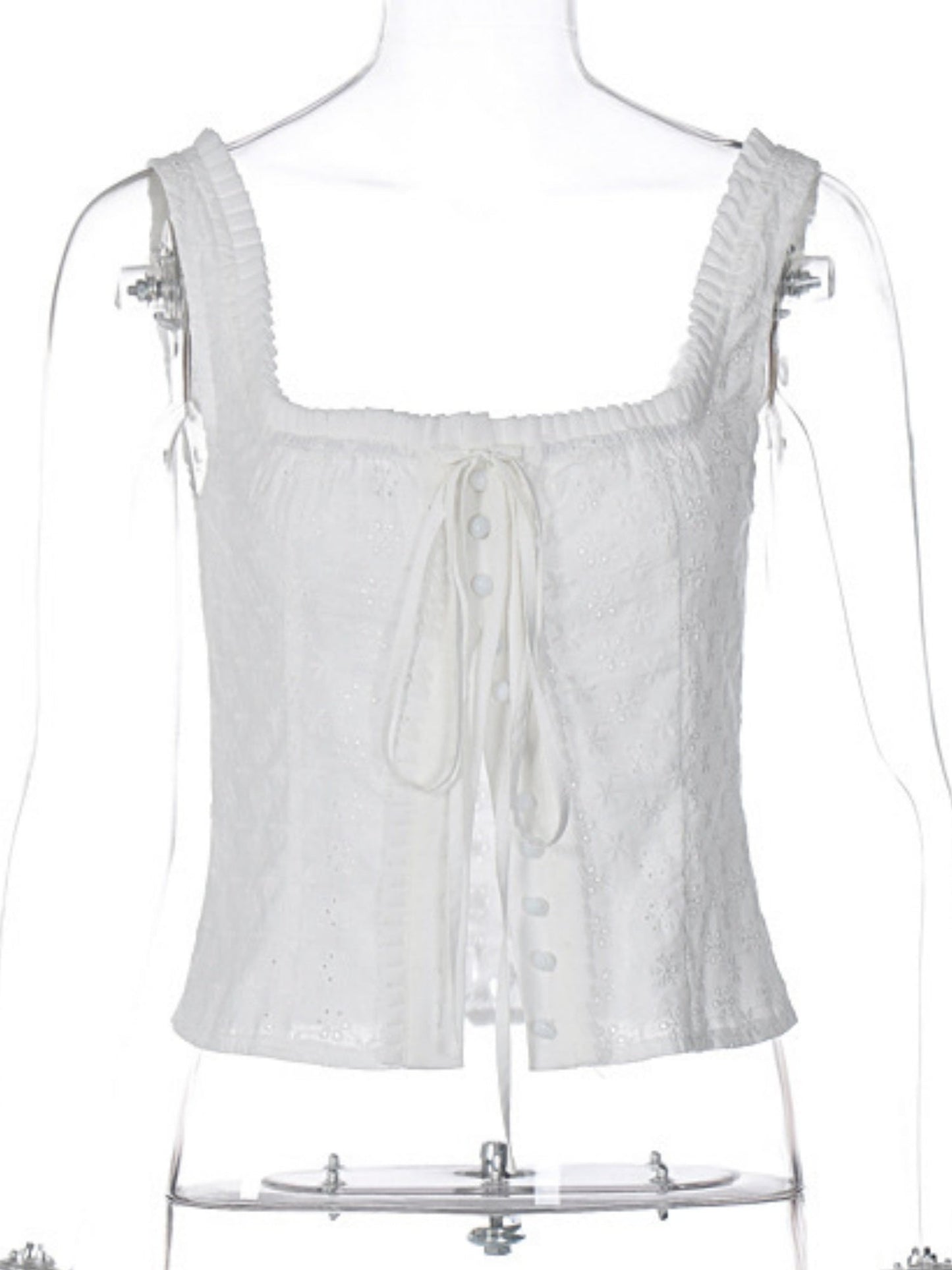 Lace Trim Square Neck Button Drawstring Camisoles