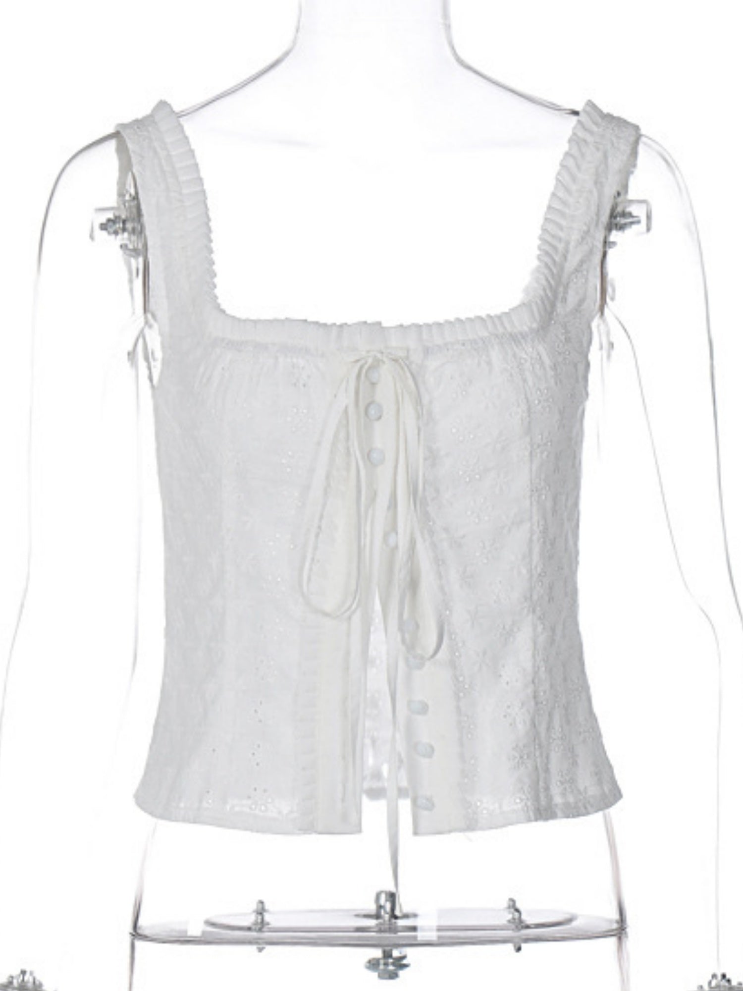 Lace Trim Square Neck Button Drawstring Camisoles
