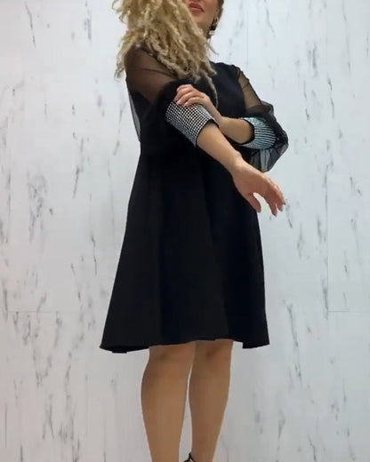 Sheer Puff Sleeve Rhinestone Grid Cuff A-Line Knee Length Dress