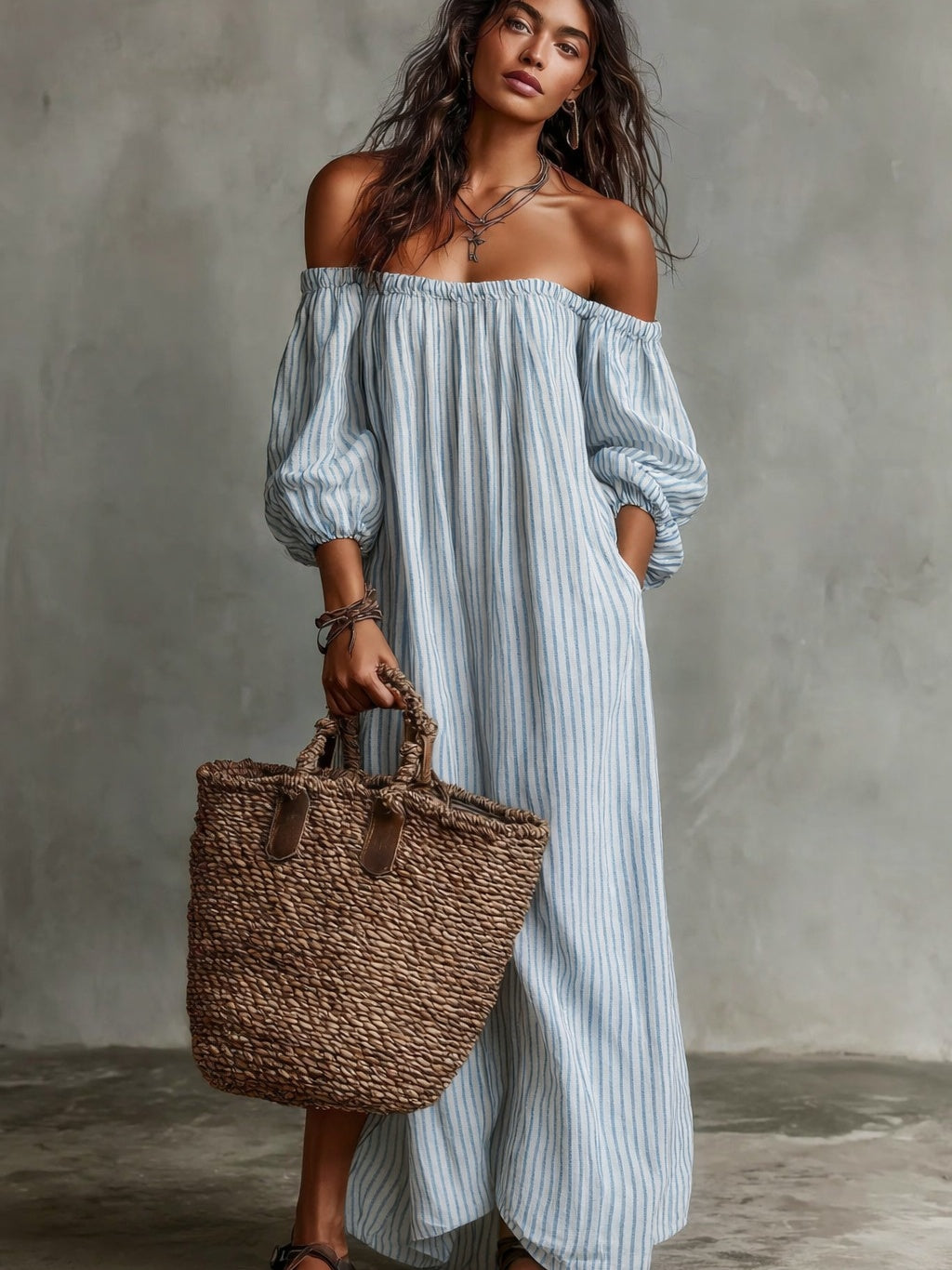 Striped Off-the-shoulder Linen Resort-style Long-sleeved Dress