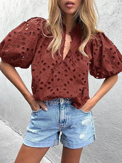 V-neck Buttons Hollow Lace Embroidery Shirts