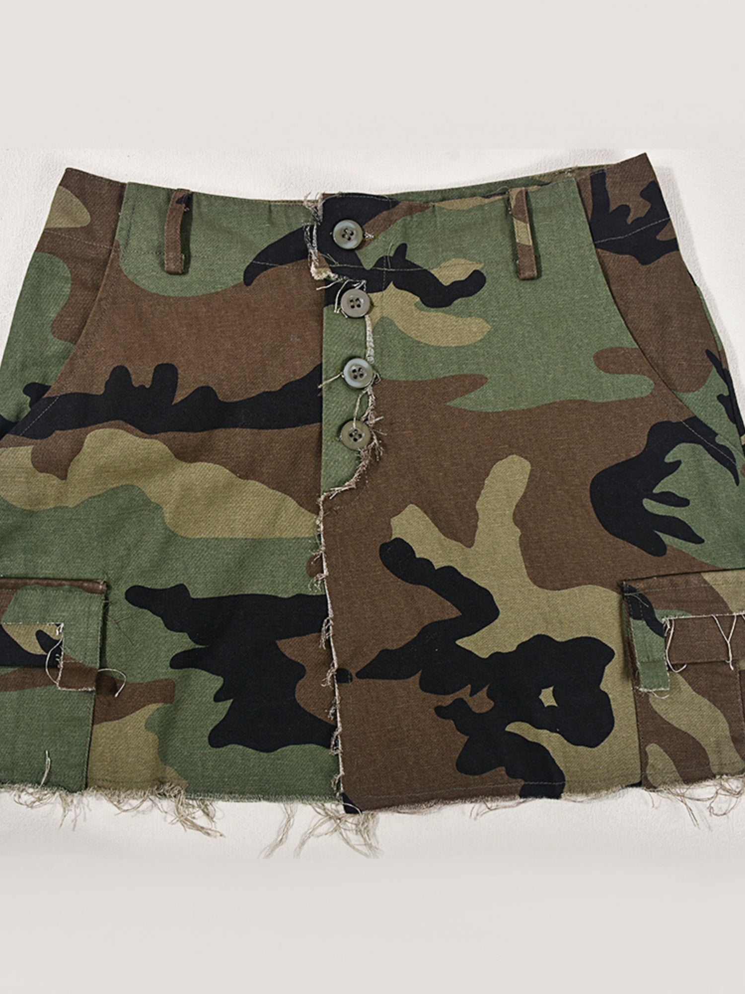 Camouflage Buttons Wear And Tear Pocket Washed Denim Mini Skirt