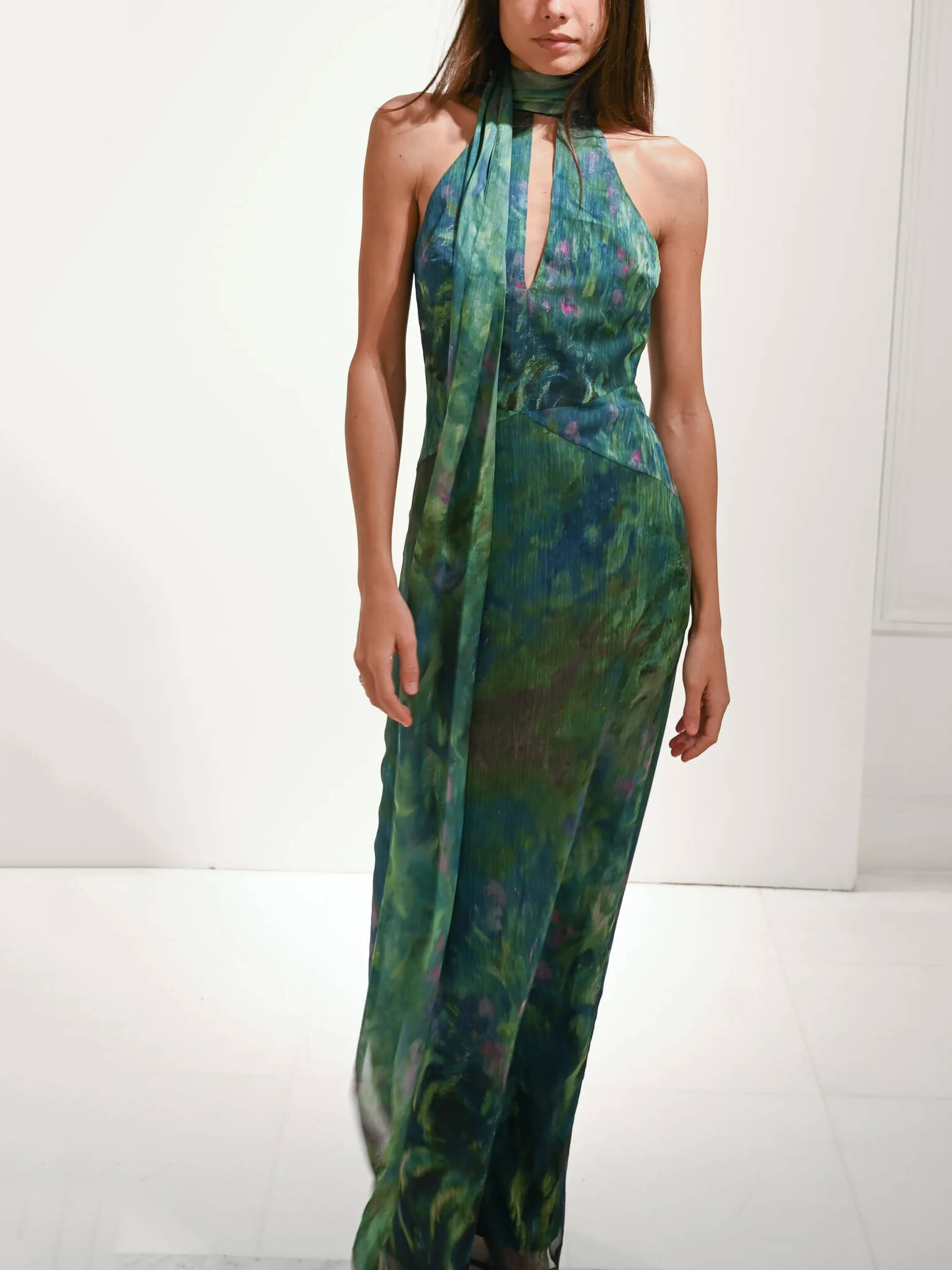 Halter Scarf Neck Keyhole Plisse Print Maxi Dress