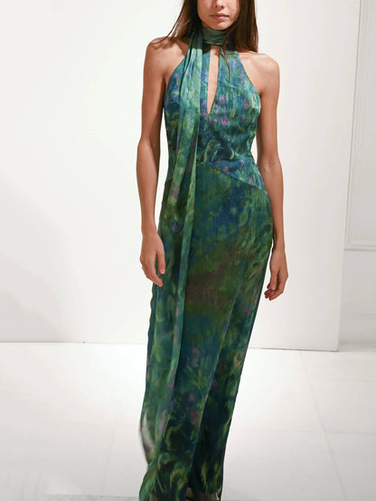 Halter Scarf Neck Keyhole Plisse Print Maxi Dress