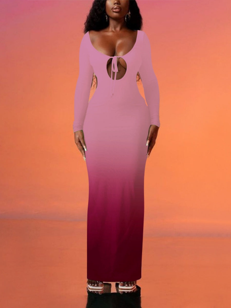 Deep V Gradient Backless Hip-hugging Sexy Stretch Maxi Dresses