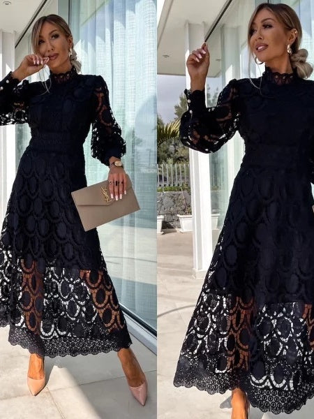 Hollow-out Long-sleeved Stand-up Collar Short Dress With Lace Trim