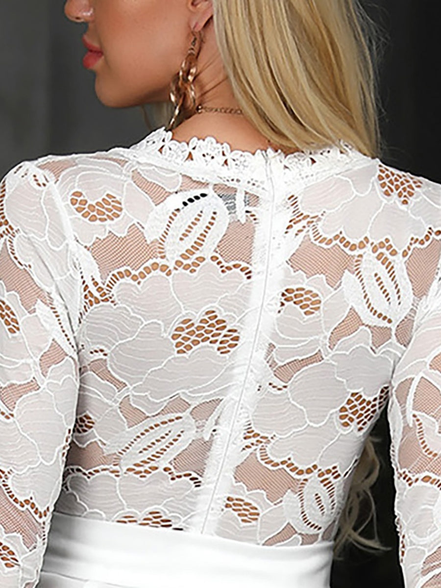 Lace Stitching V-neck Long Sleeve Temperament Grace Jumpsuits