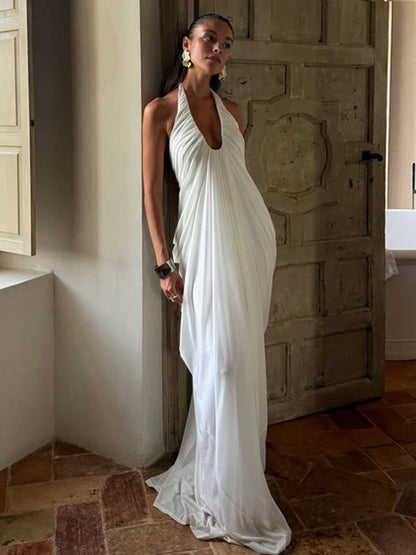 Loose-fitting, Backless, Sleeveless, V-neck, Pleated Halter-neck Mesh Long Dress