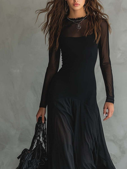 Black Long-sleeved Mesh-paneled Maxi Dress