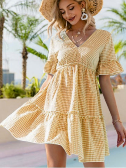 Plaid Ruffled Sleeves V-neck Tie Mini&Short Dresses