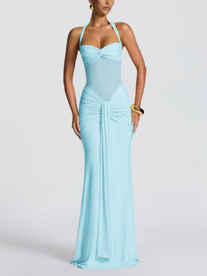 Neckband Lace Up Mesh Formal Dress Maxi Dresses
