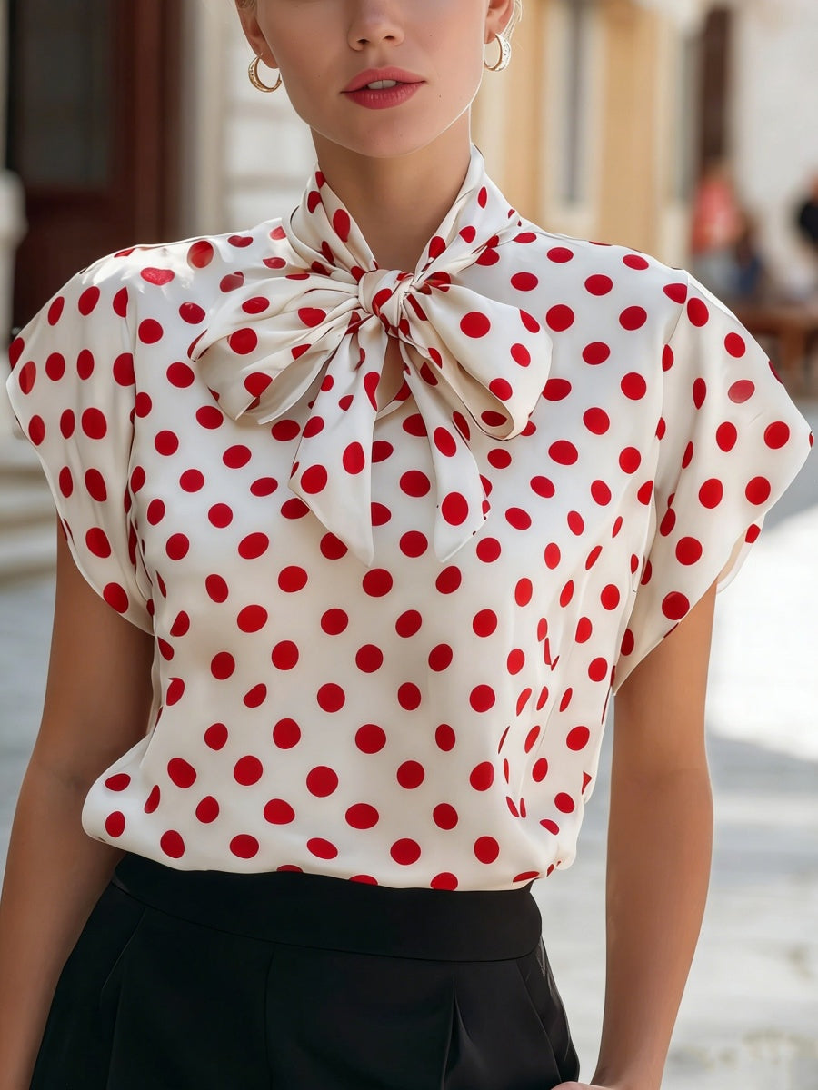 Flying Sleeves Commuting Bow Polka Dots Chiffon Blouse