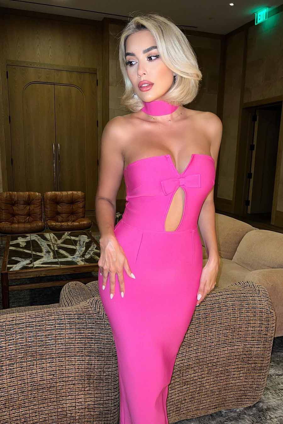 Strapless Sweetheart Bow Detail Teardrop Cutout Column Maxi Gown