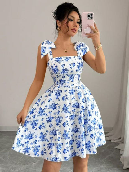 Waist V-neck Bandage Camisoles Printed Vacation And Leisure Mini&Short Dresses