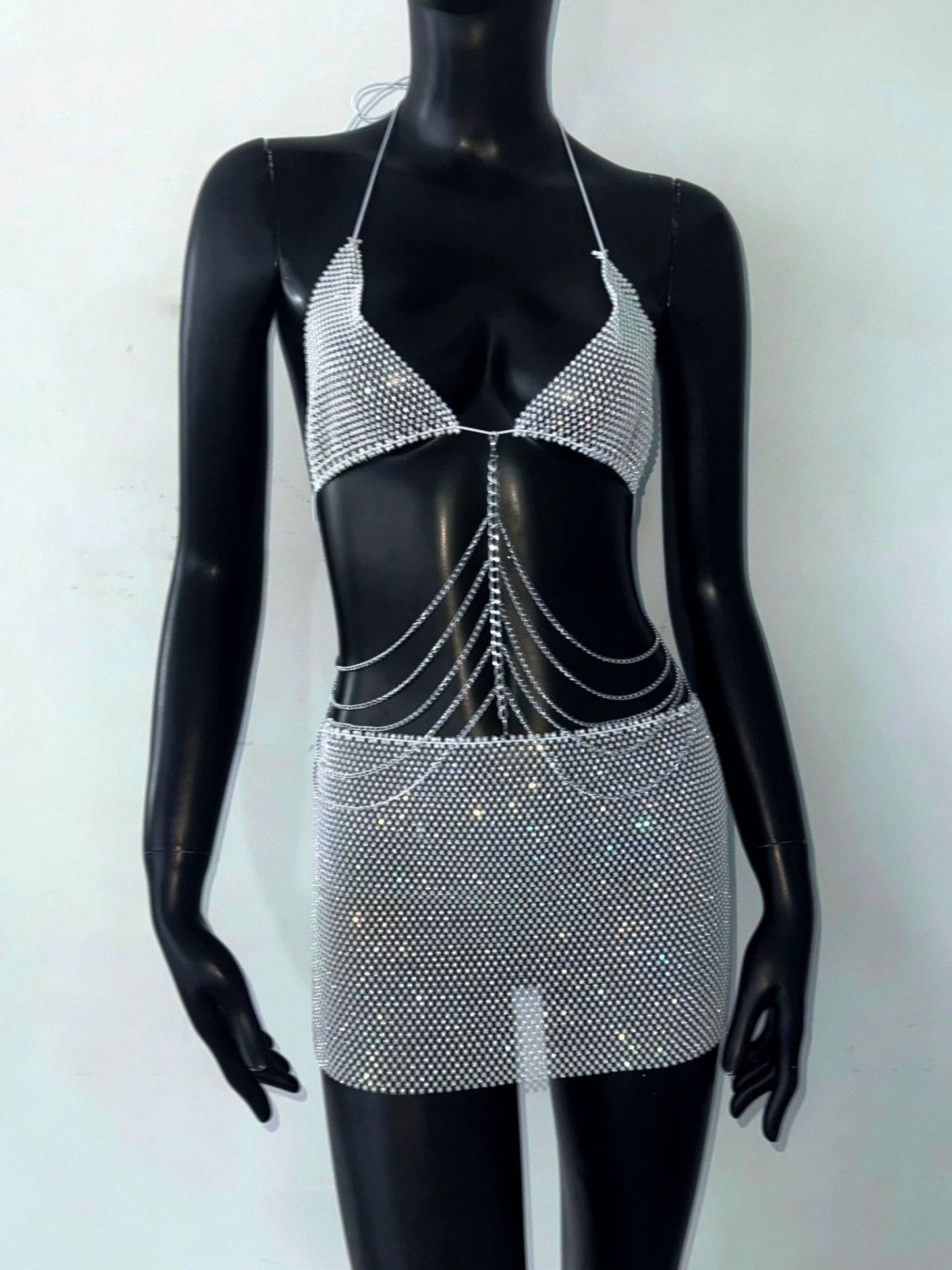 Sequins Chain Strap Halter Neck And Backless Mini&Short Dresses