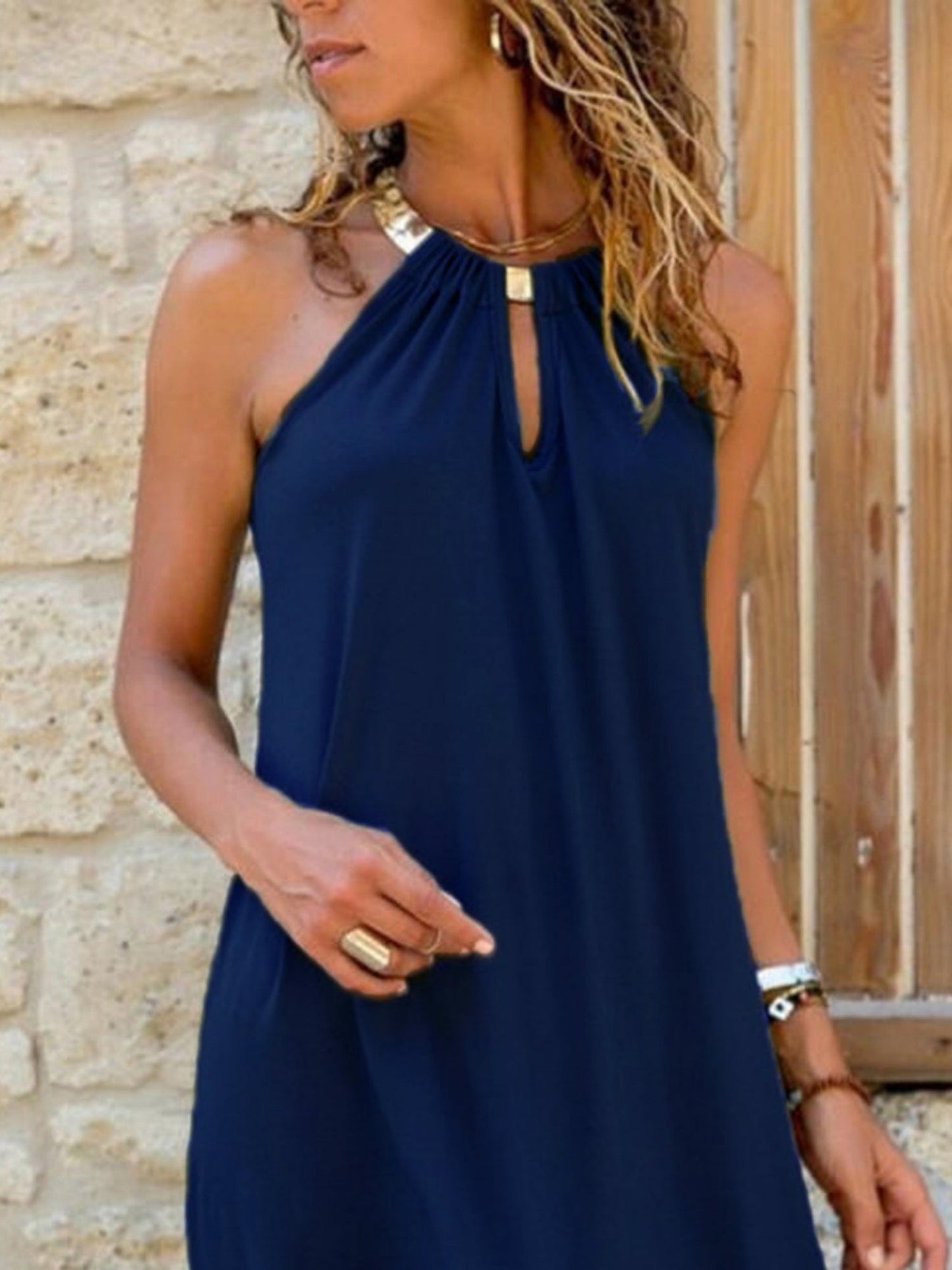 Metal Ring Neckband Hollow Out Sleeveless Mini&Short Dresses