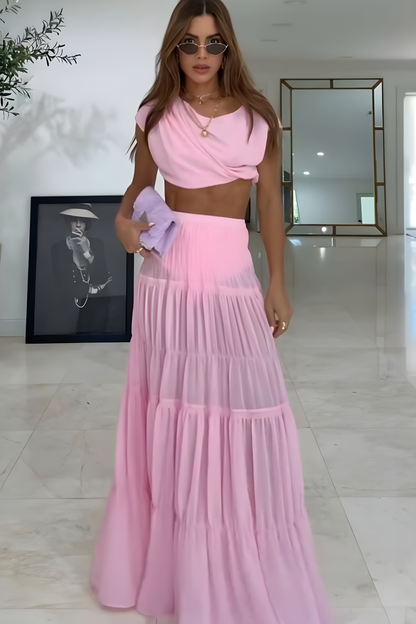 Round Neck Pleated Pink Patchwork Maxi Two-Piece Set