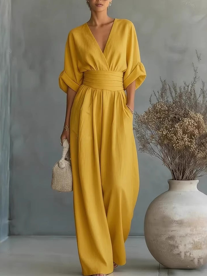 Waist-cinching V-neck Elegant Women's Jumpsuit