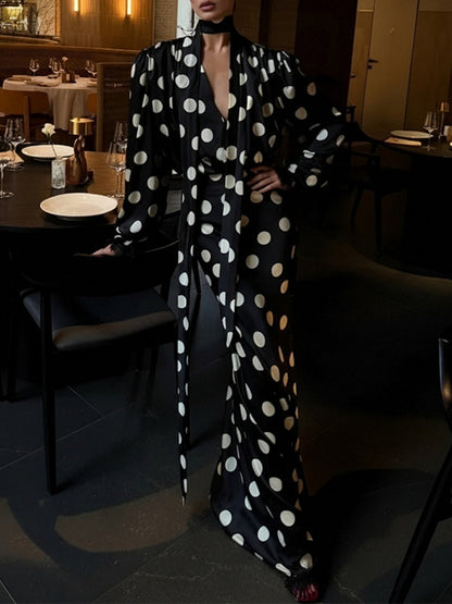 Polka Dots V-neck Puff Sleeves Waist Shaping Maxi Dresses