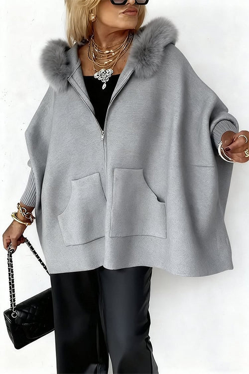 Margovil Dolman Sleeves Zipper Up Pocketed Jacket with Faux Fur Hood
