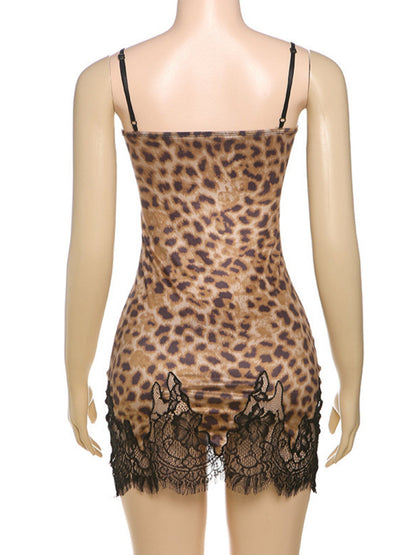 Leopard Print Lace Patchwork Spaghetti Strap Backless Mini&Short Dresses