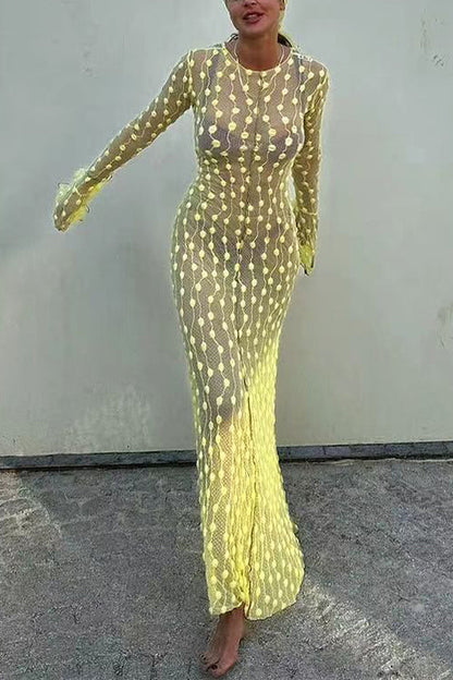 Crewneck Bell Long Sleeves Polka Dot Tulle Cover Up Maxi Dress