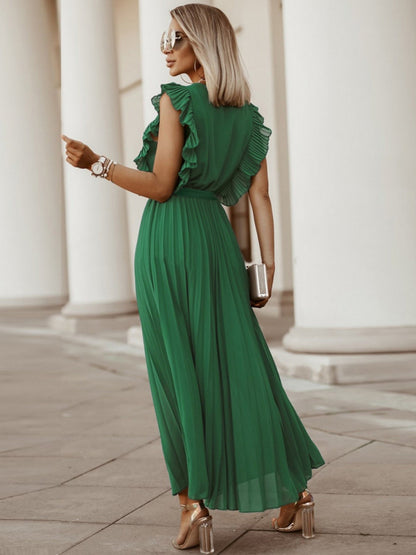 Lotus Leaf Sleeves Bow Chiffon Pleats Vacation Style Maxi Dresses