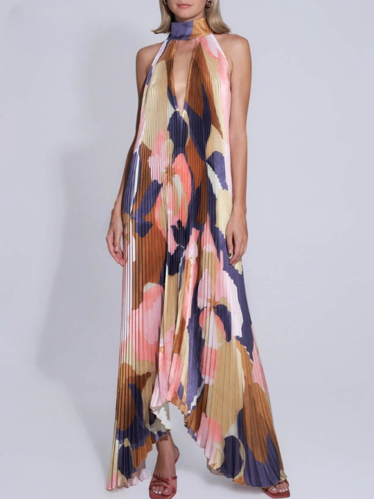 Halter Neck Plunging V Accordion Pleat Abstract Print Maxi Dress