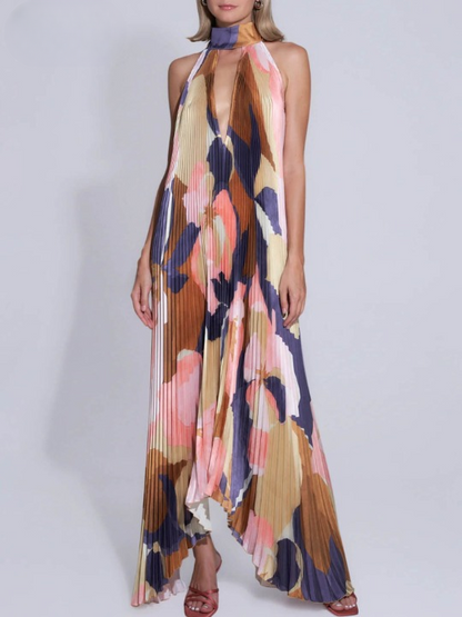 Halter Neck Plunging V Accordion Pleat Abstract Print Maxi Dress