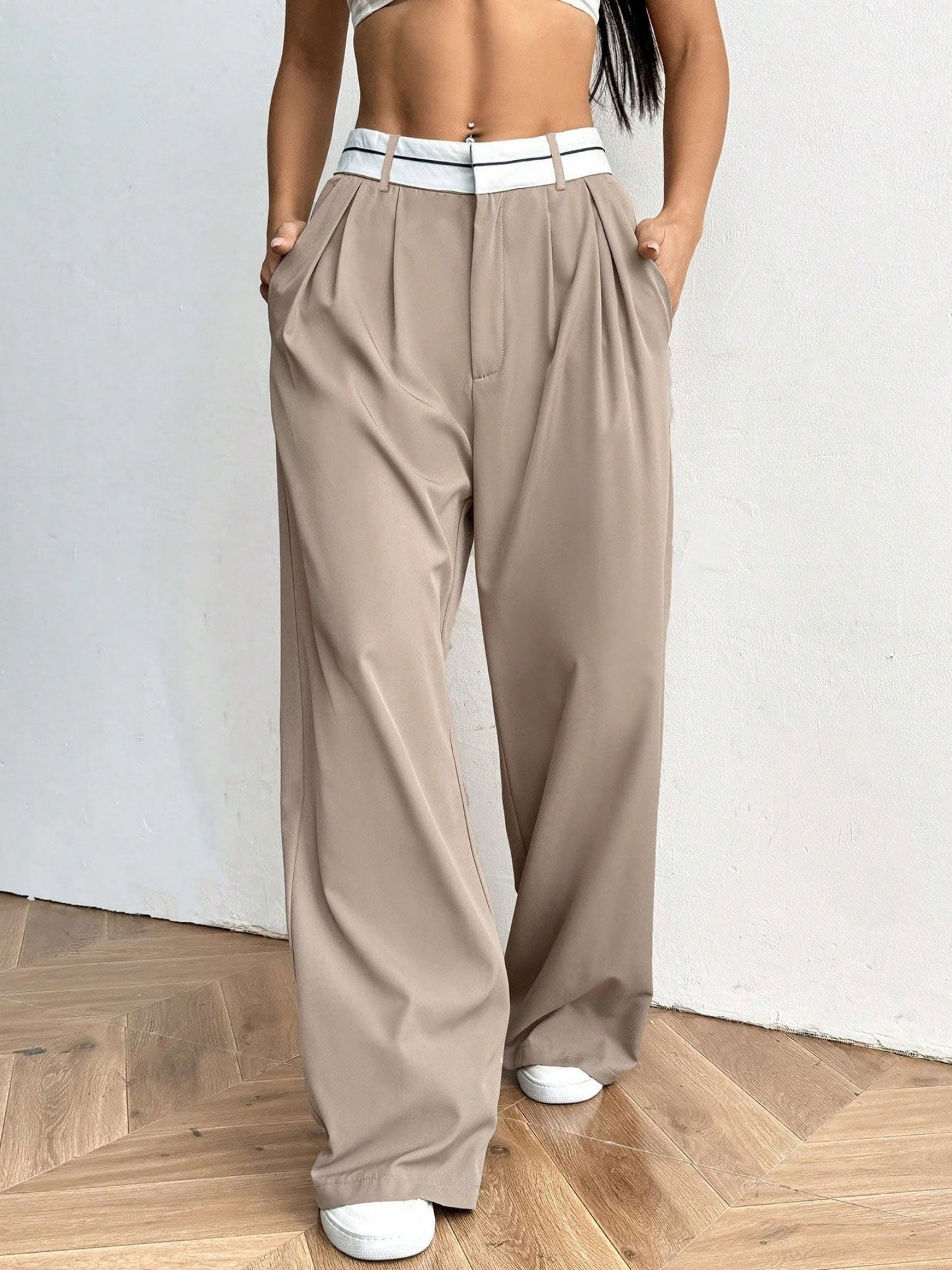 Color-blocked Suit Trousers Pocket Pleats Pants