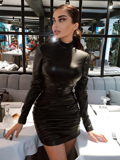 Metallic Gloss Pleated Long-sleeved Bodycon Mini&Short Dresses