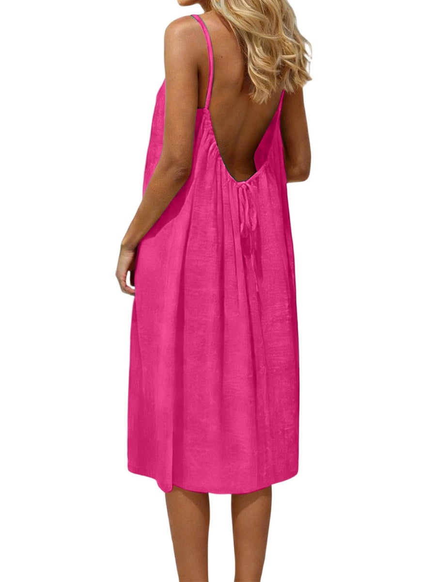 Ice Silk Linen Backless Halter Solid Color Midi Dress