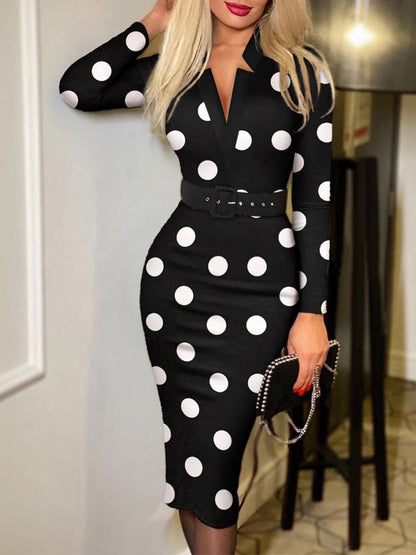 V-neck Hip-hugging Belts Plaid Midi Dresses