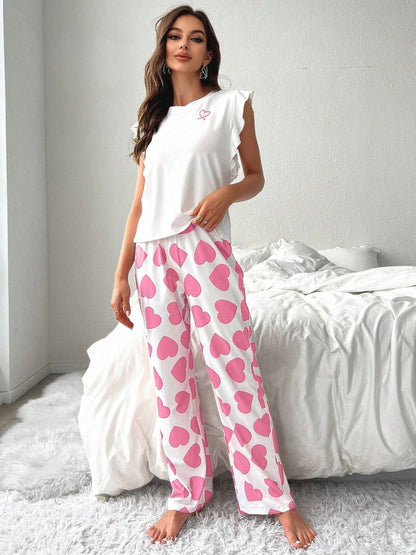 Heart-print Ruffled Sleeve Trousers Set That Can Be Worn As Loungewear