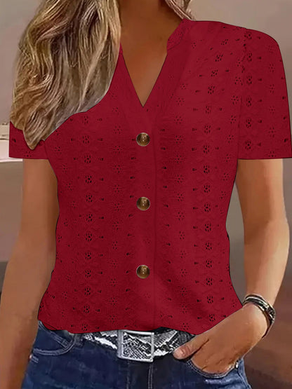 Knitting Buttons V-neck Short Sleeve T-shirts