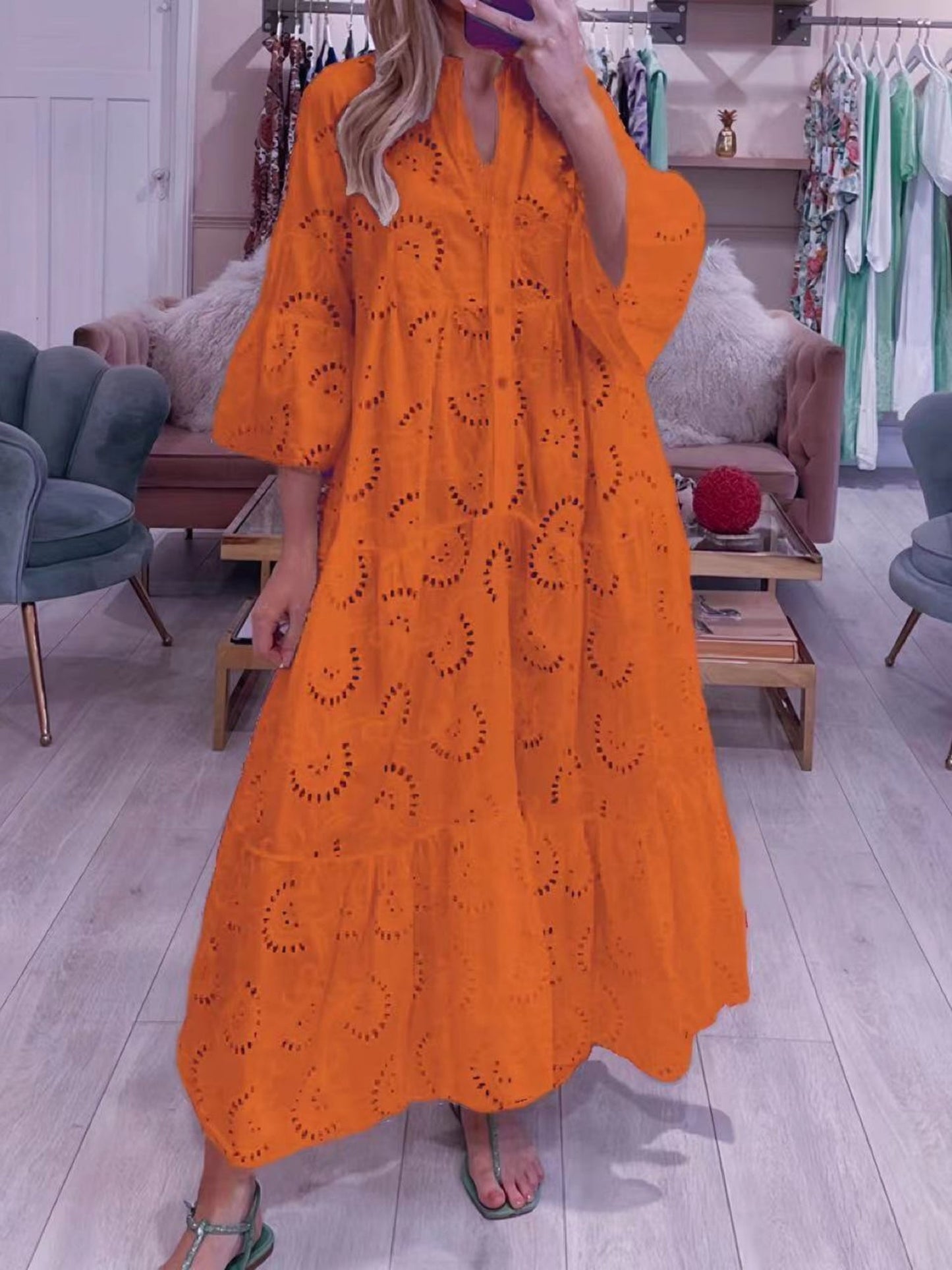 Lace Cutout V-neck Buttons  Flare Sleeve Maxi Dresses